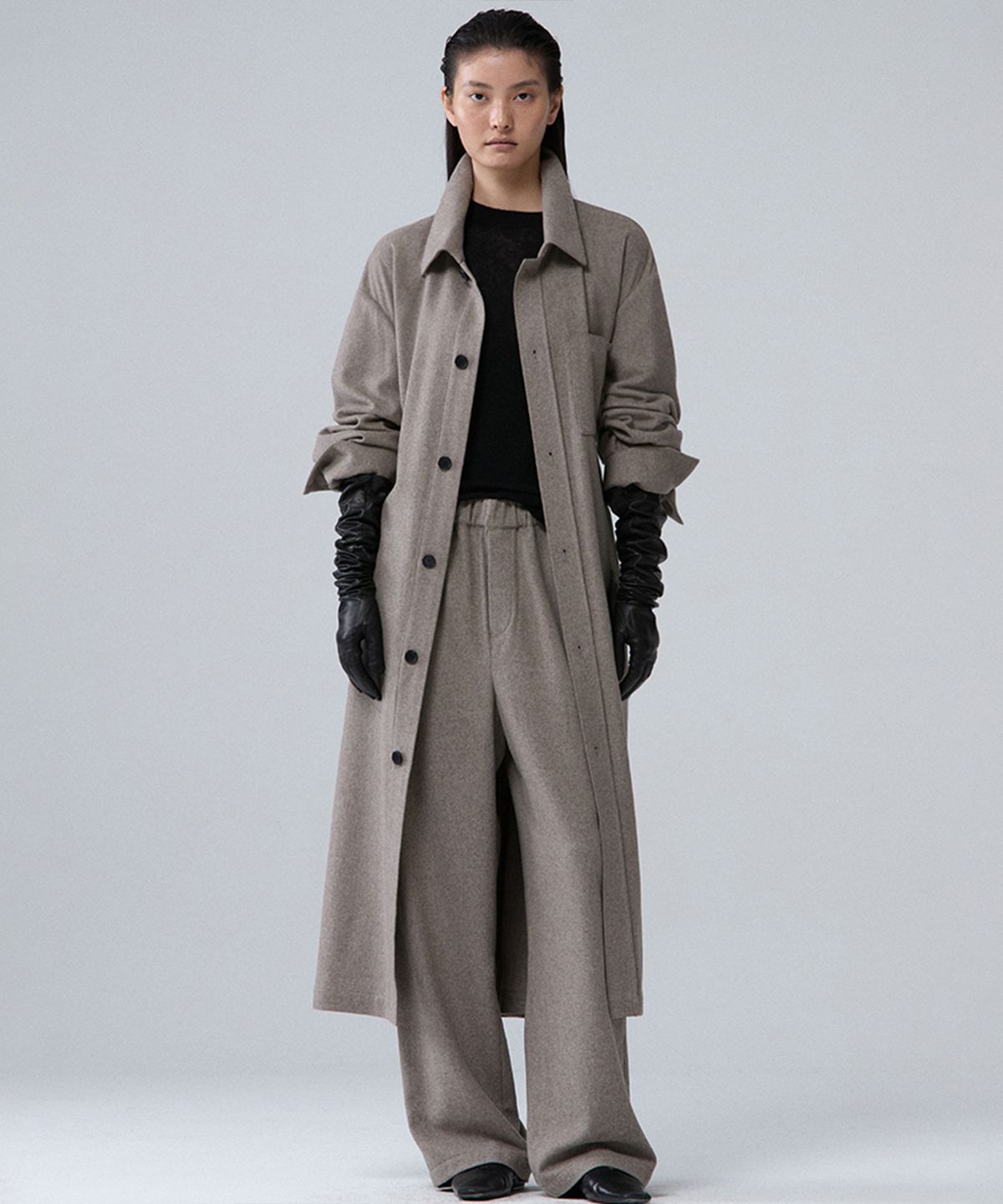 우마뭉(UMARMUNG) Wool cashmere fluid long shacket_Almond