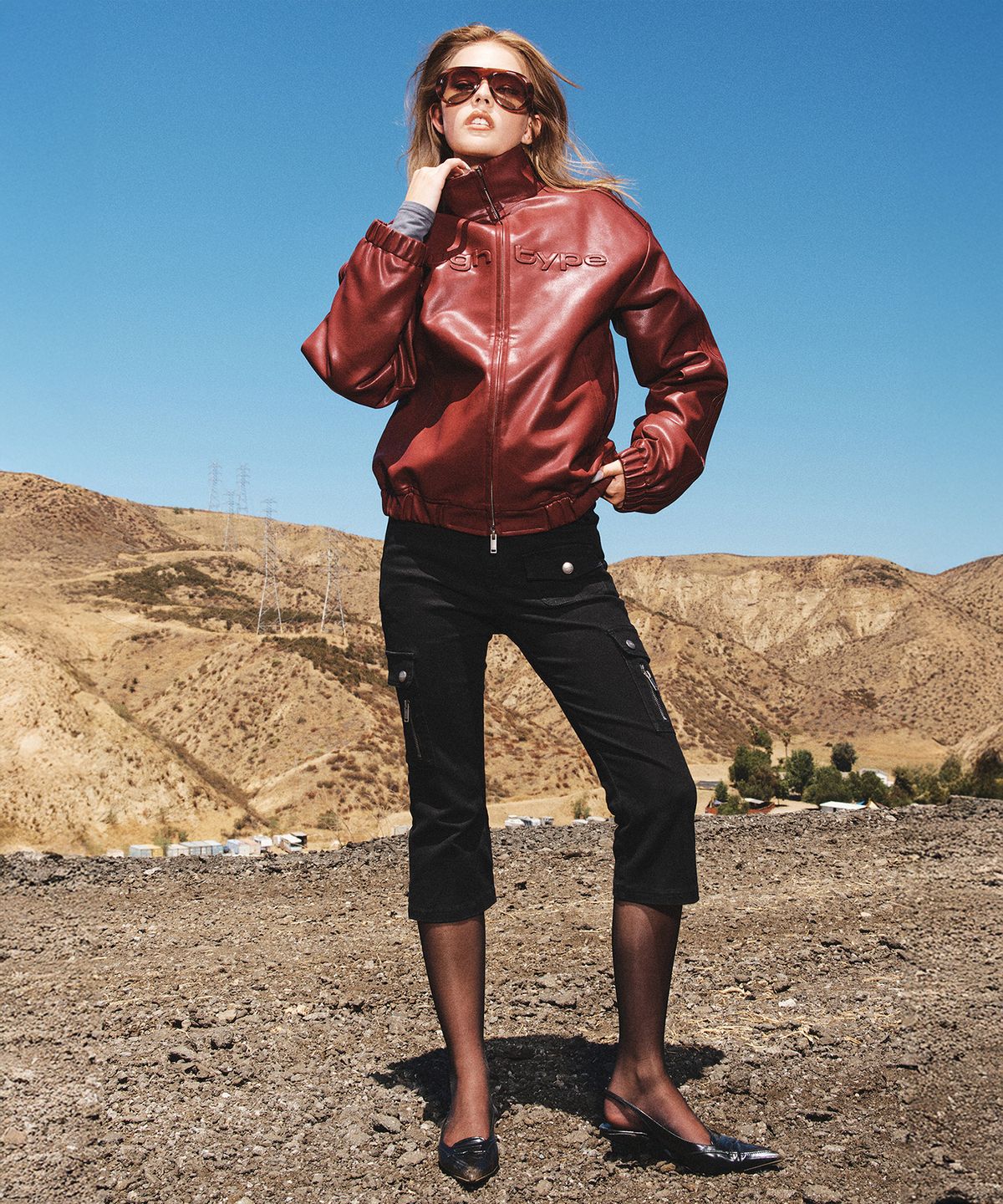 로타입(ROUGHTYPE) Track line leather Jumper - Burgundy