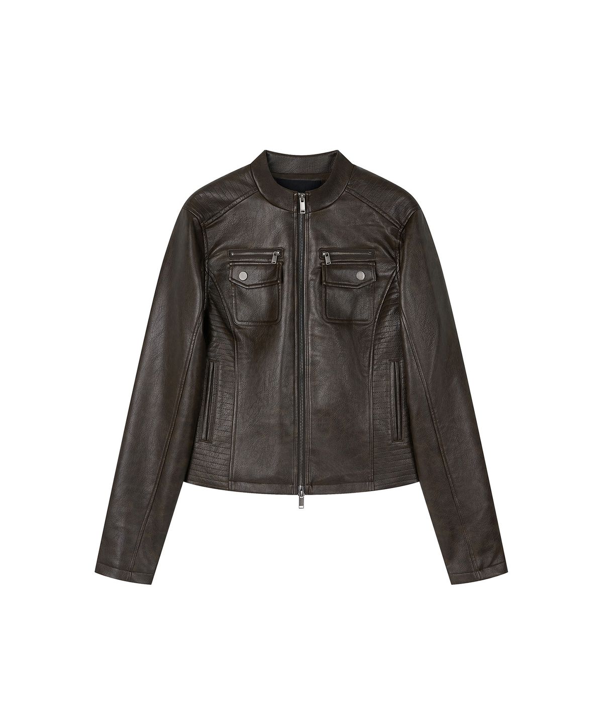 로타입(ROUGHTYPE) Slim Fit Moto Leather Jacket - Brown