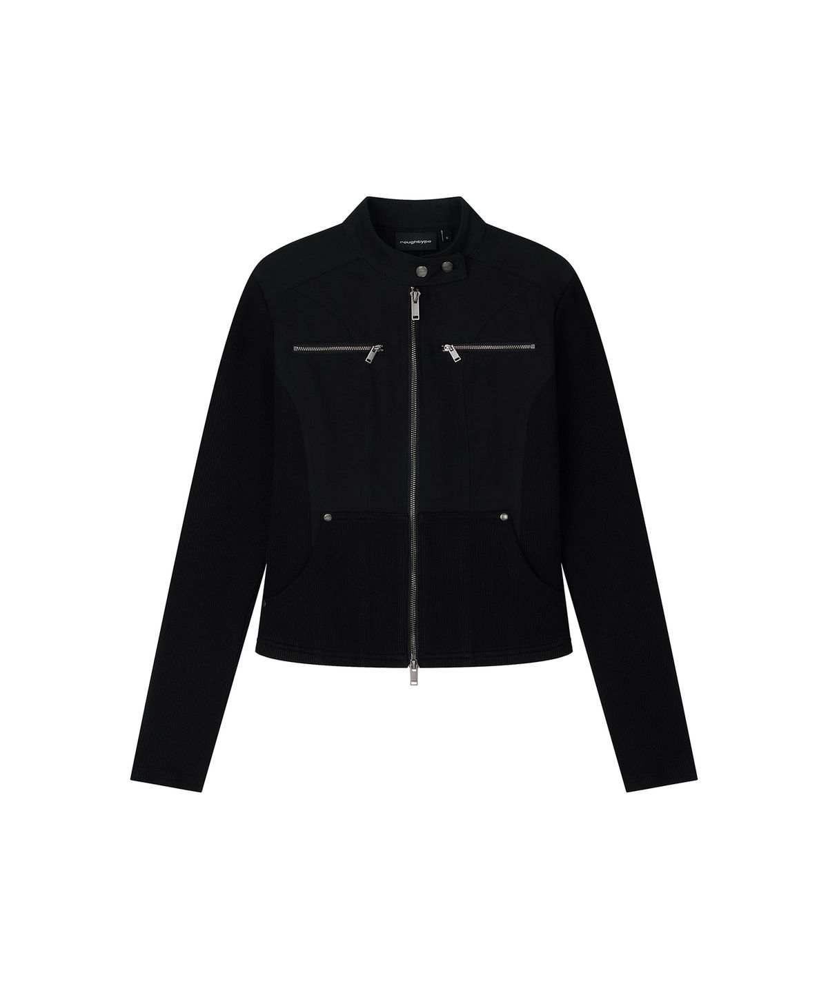로타입(ROUGHTYPE) Slim Biker Knit Sleeve Zip-up Jacket - Black