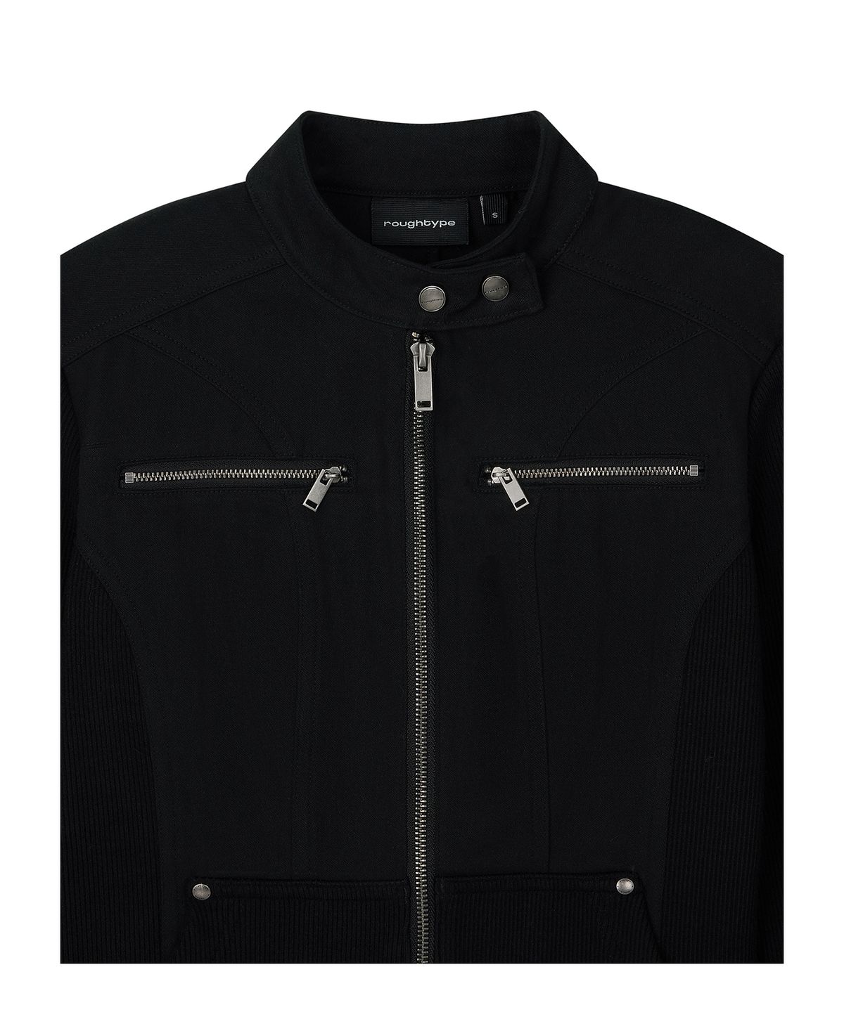 로타입(ROUGHTYPE) Slim Biker Knit Sleeve Zip-up Jacket - Black
