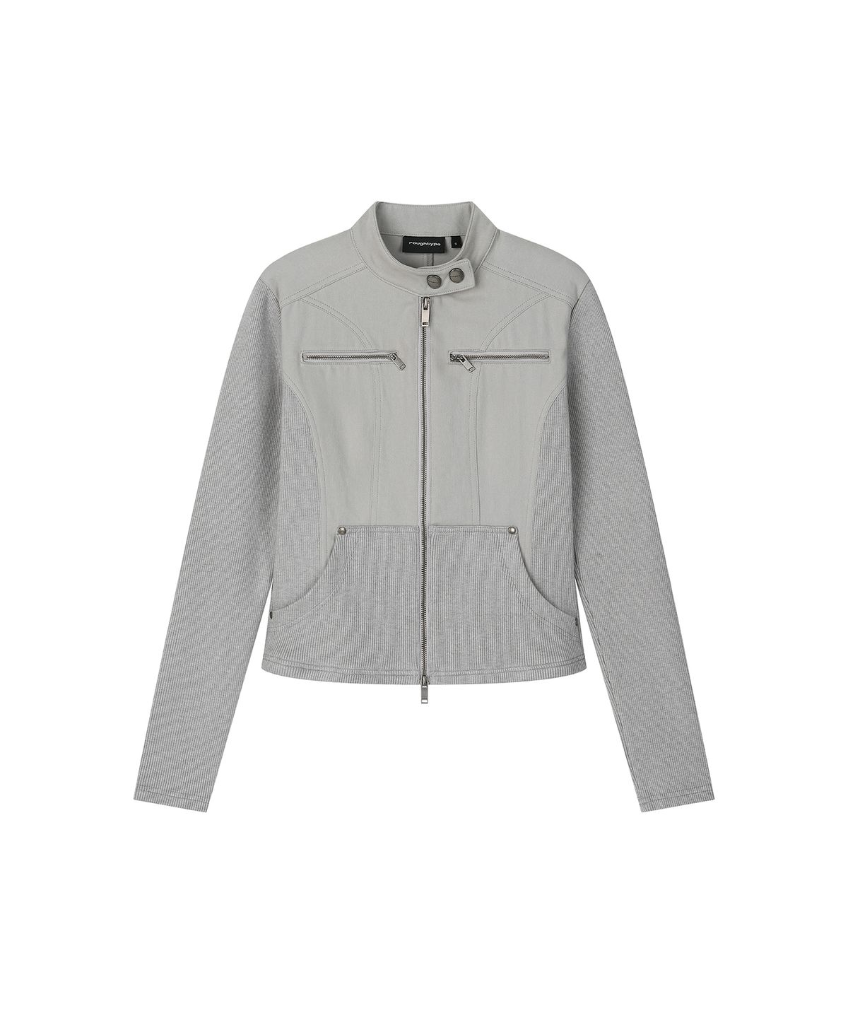 로타입(ROUGHTYPE) Slim Biker Knit Sleeve Zip-up Jacket - Light gray