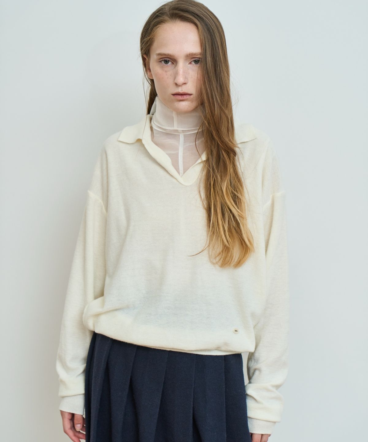 그리다제이(GRIDAJ) [GridaJ] Wool Blend Open Collar Pullover Knit - ivory