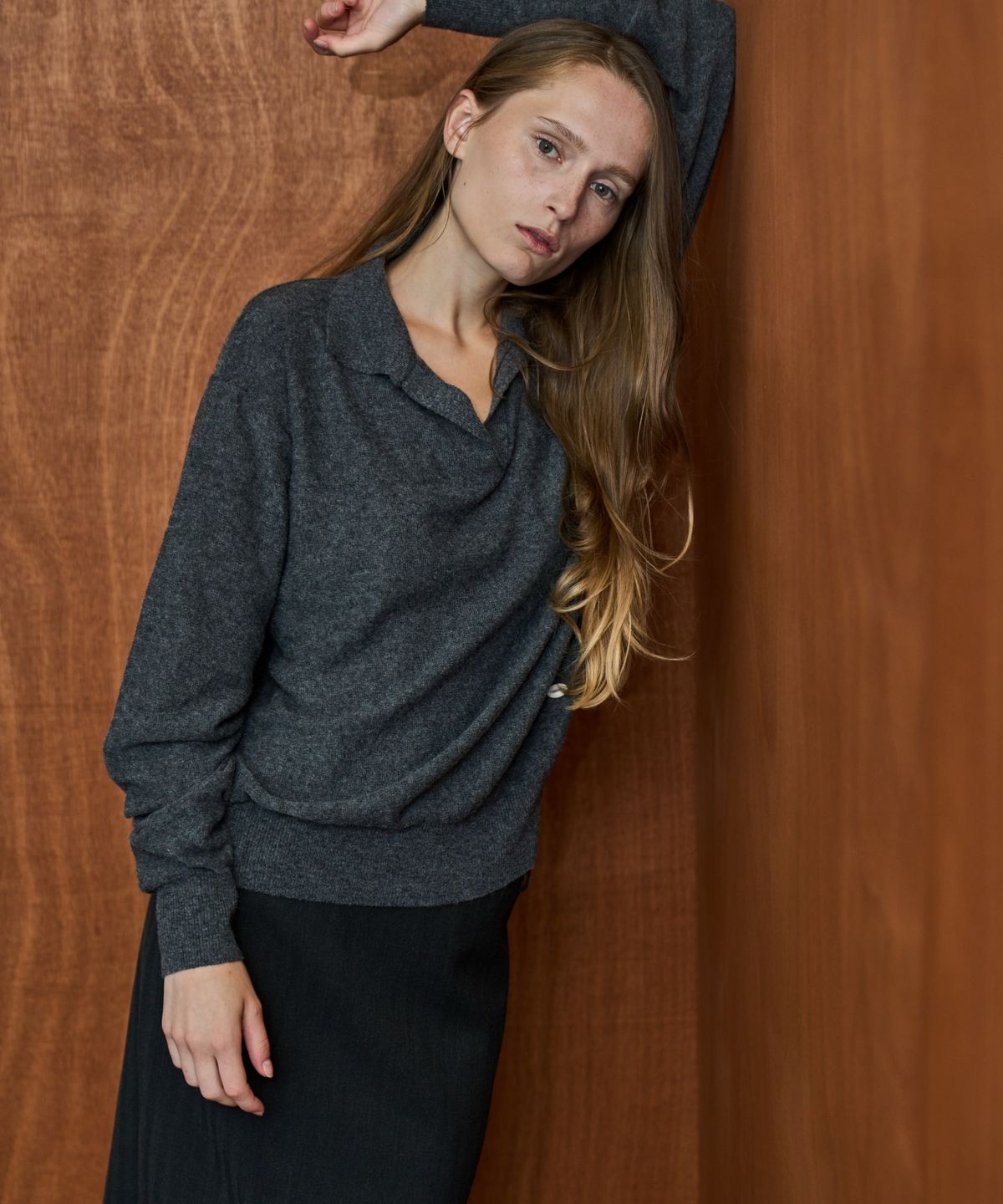 그리다제이(GRIDAJ) [GridaJ] Wool Blend Open Collar Pullover Knit - Charcoal