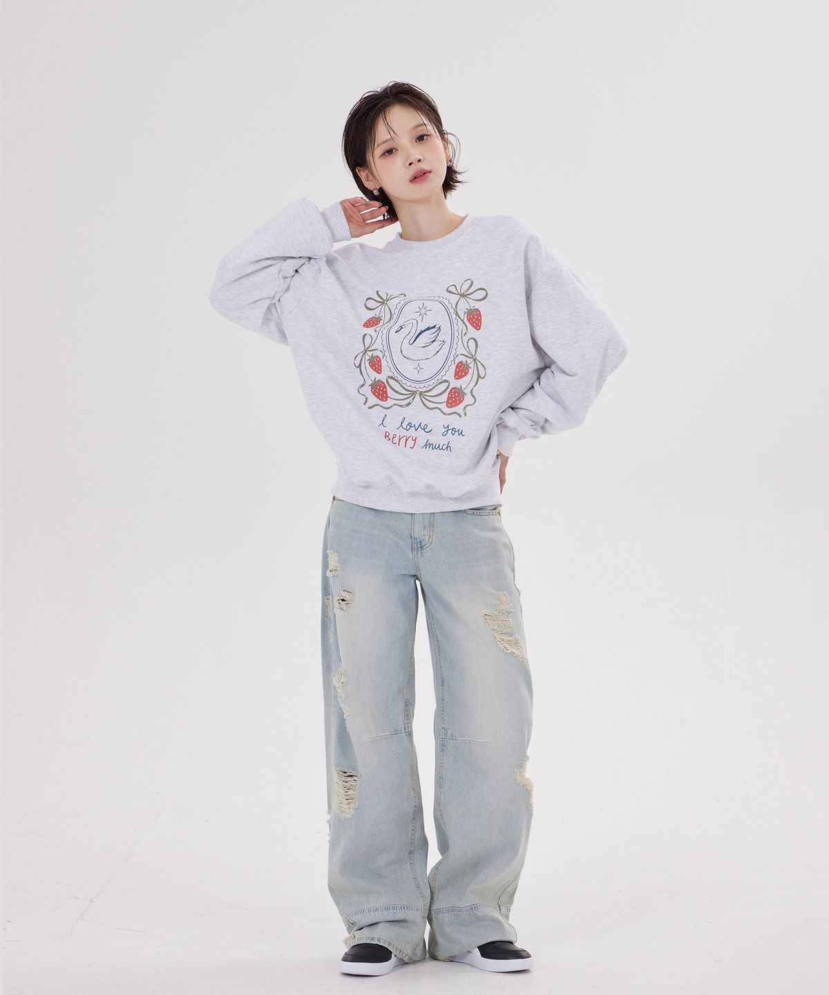 디스펑트(DYSFUNCT) STRAWBERRY SWAN SWEATSHIRT(WHTIE MELANGE)