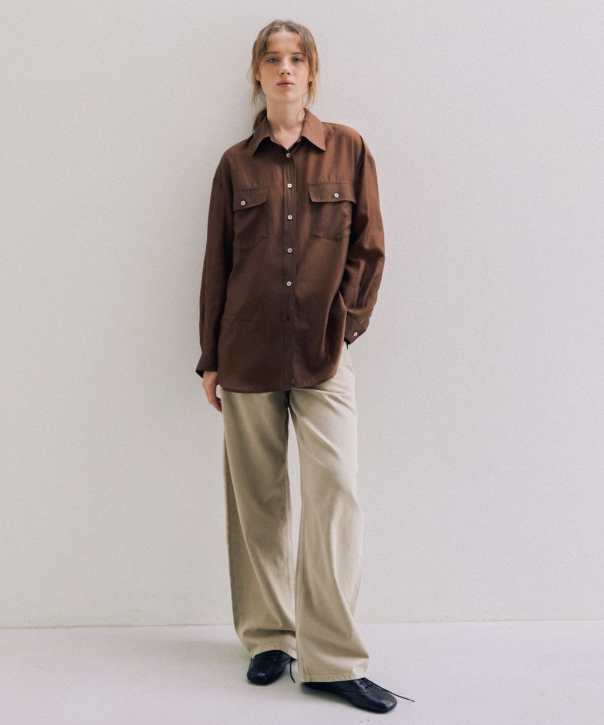 어나우트(UNNOUT) OVERSIZED SHEER SHIRT  BROWN