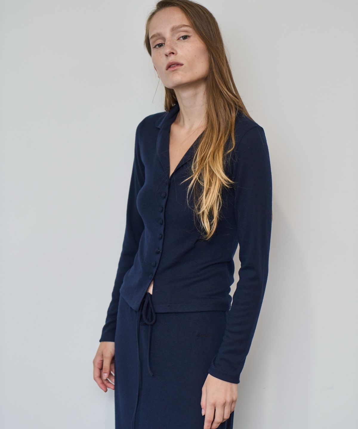 그리다제이(GRIDAJ) Slim-fit Open Collar Knit Cardigan  _ Navy