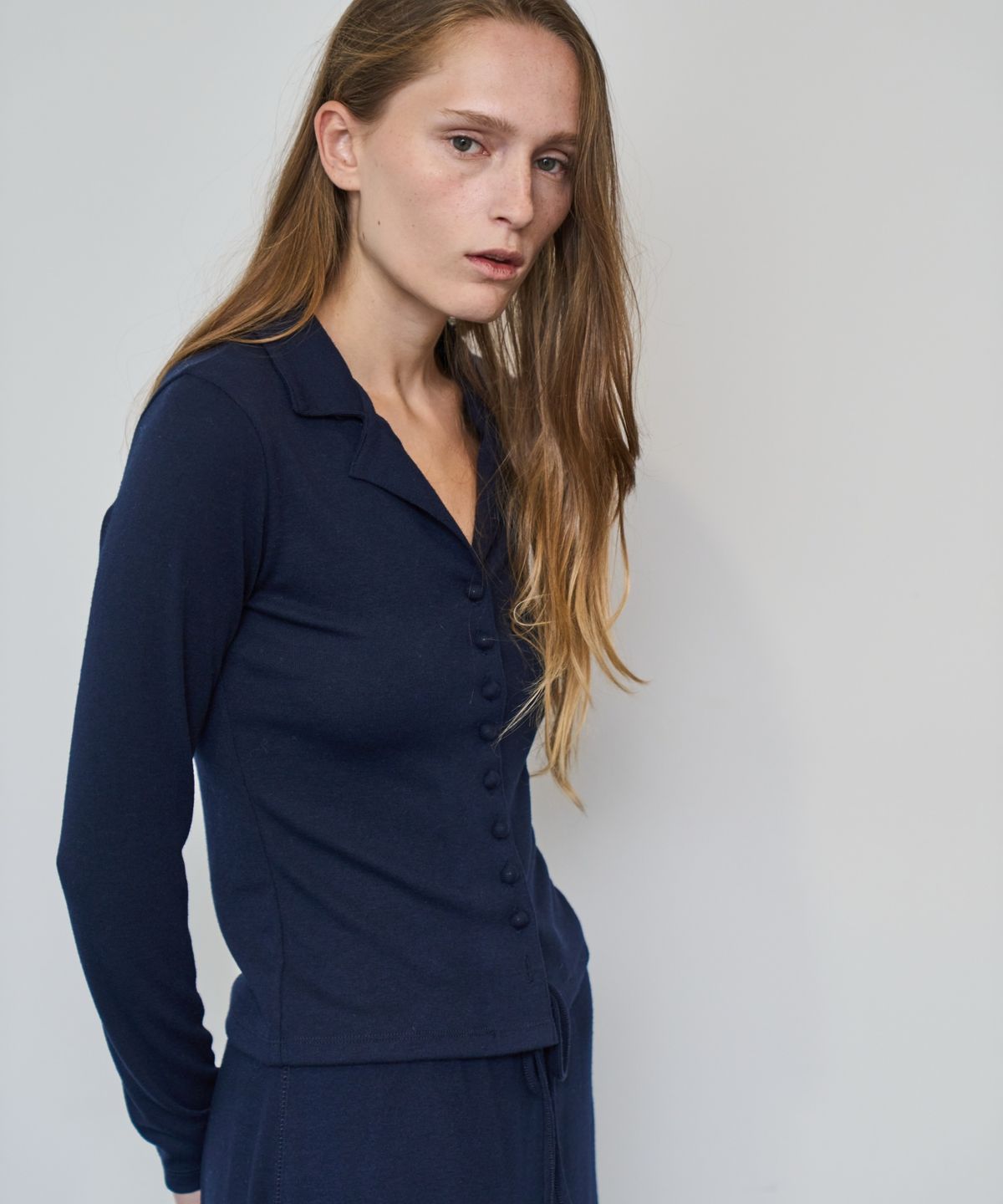 그리다제이(GRIDAJ) Slim-fit Open Collar Knit Cardigan  _ Navy