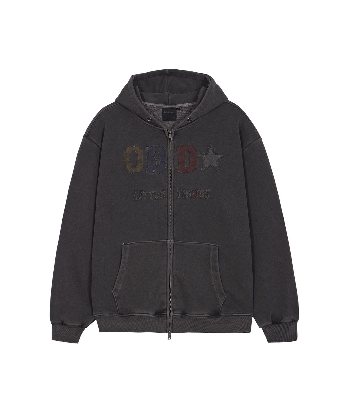 디스펑트(DYSFUNCT) ODD PIGMENT APPLIQUE ZIP-UP HOODIE(CHARCOAL)