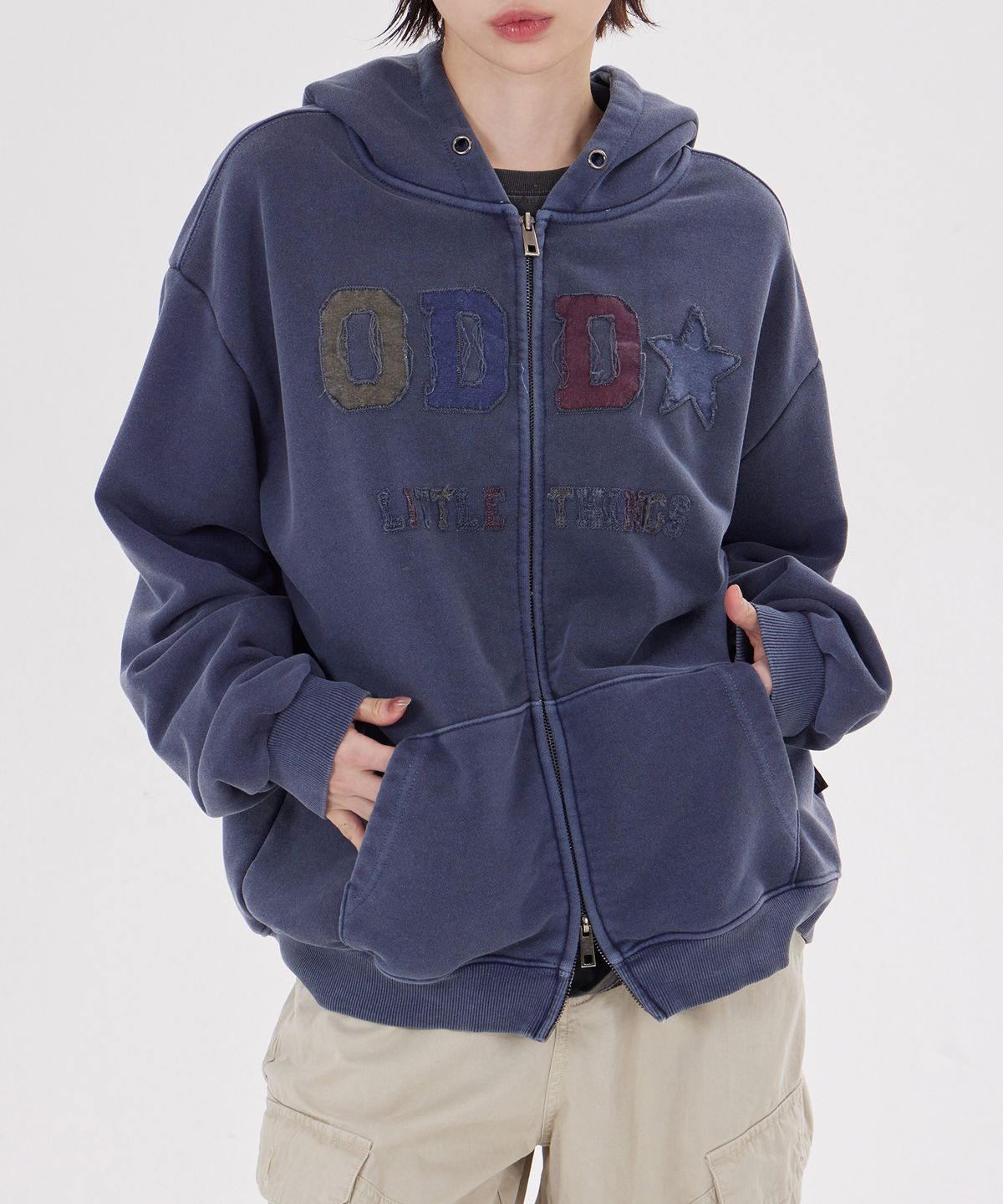 디스펑트(DYSFUNCT) ODD PIGMENT APPLIQUE ZIP-UP HOODIE(NAVY)