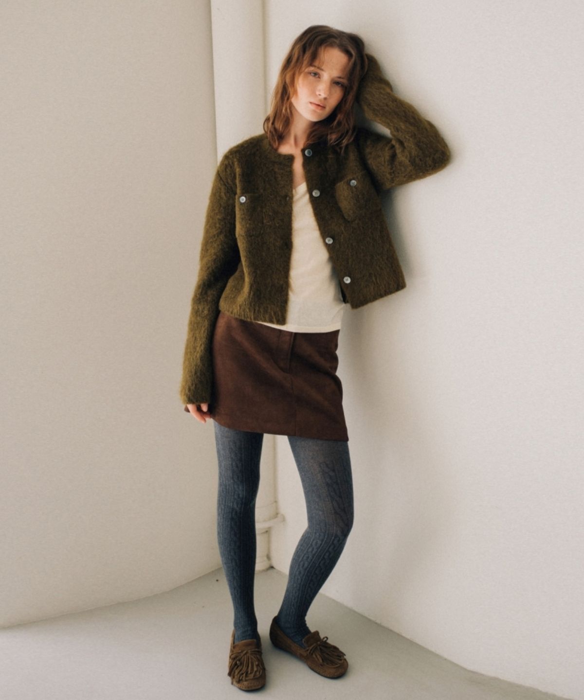 어나우트(UNNOUT) HAIRY WOOL KNIT CARDIGAN OLIVE