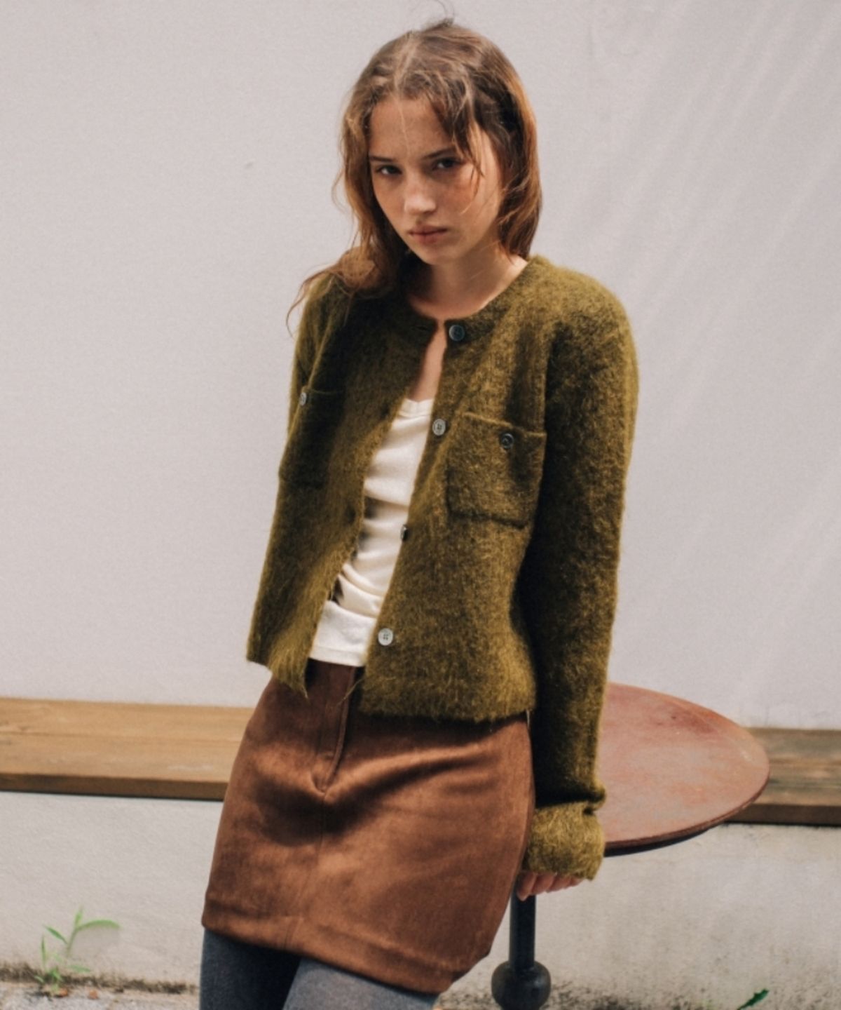 어나우트(UNNOUT) HAIRY WOOL KNIT CARDIGAN OLIVE