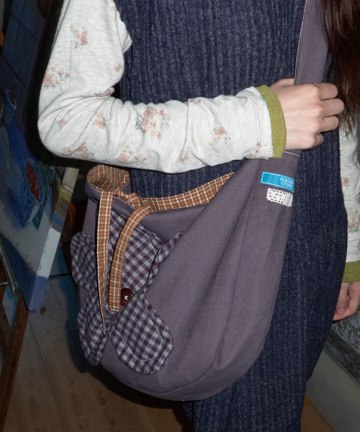 메종크렘(MAISON CREME) Check flower Cross bag_Vintage purple