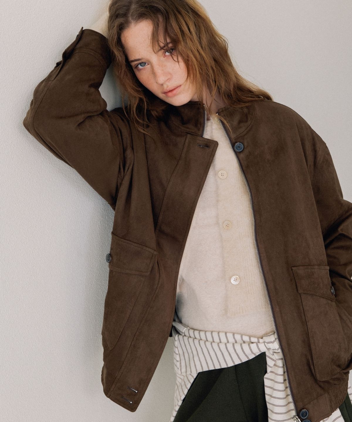 어나우트(UNNOUT) SUEDE BLOUSON JACKET ASH BROWN