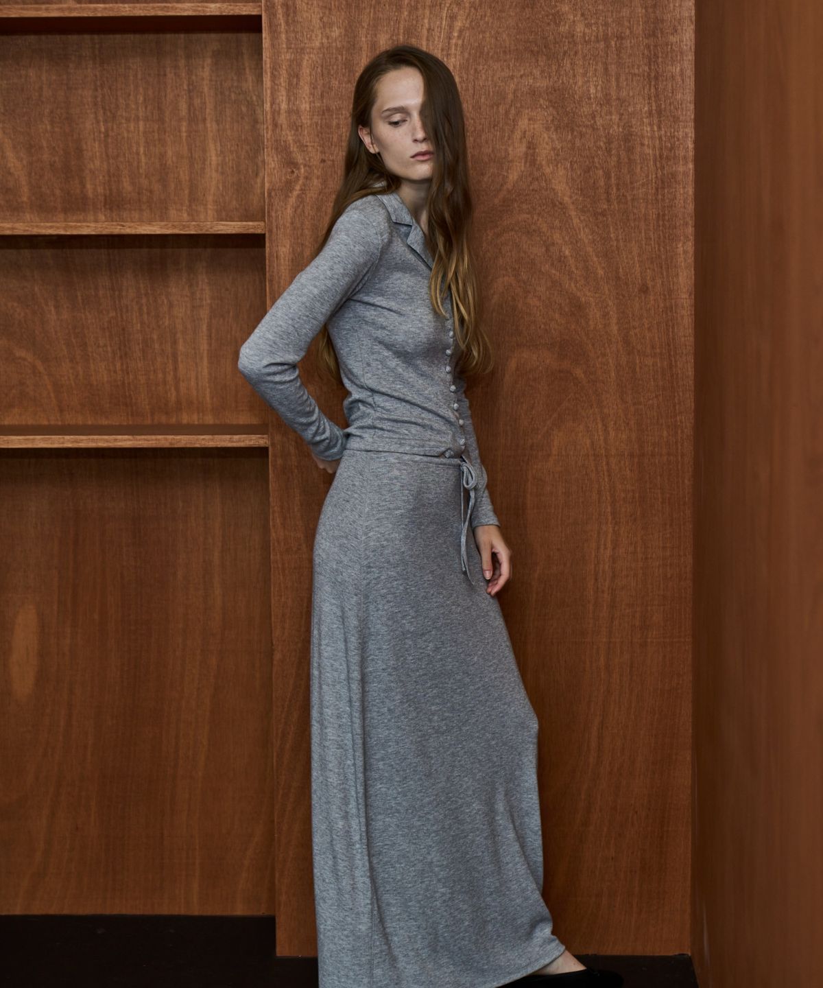 그리다제이(GRIDAJ) Slim-fit Open Collar Knit Cardigan  _ gray