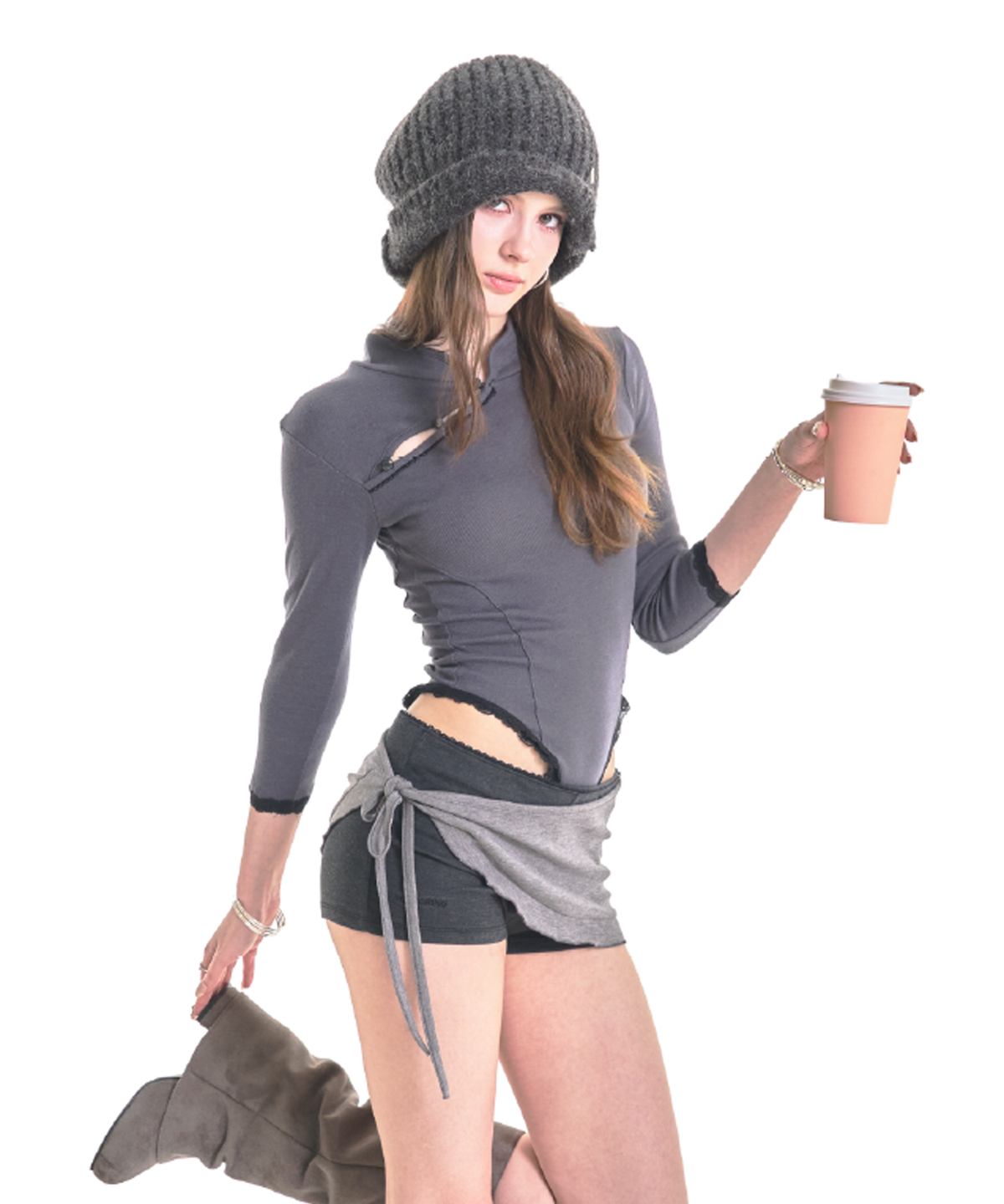 포어링(FORUSRING) Cocoa wrap skirt-pants (drak grey-charcoal)