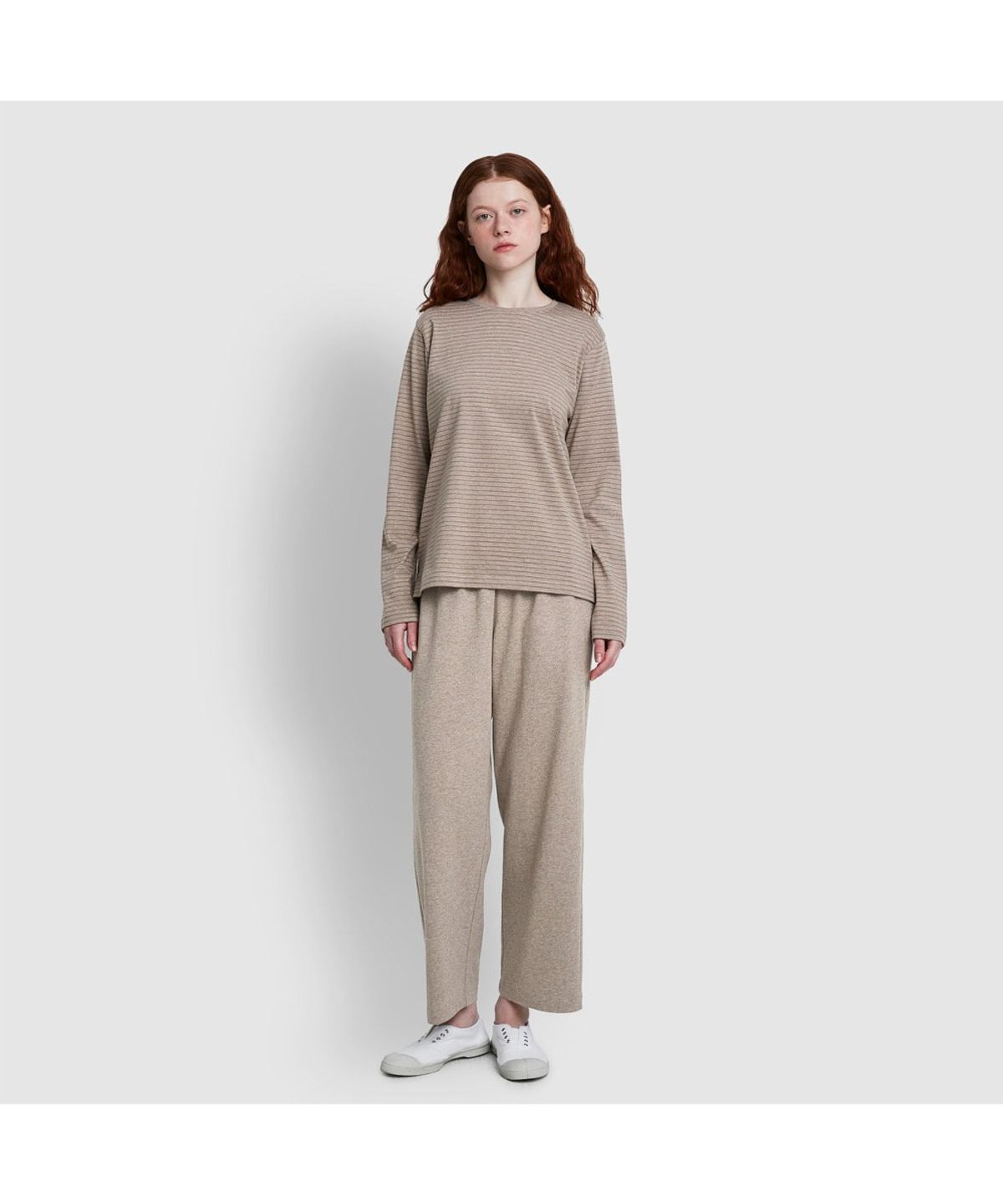 자주(JAJU) [SET] 여 스마트 코튼 라운드넥 긴팔 라운지 티셔츠, 10부 라운지 팬츠_다크 브라운&멜란지베이지
