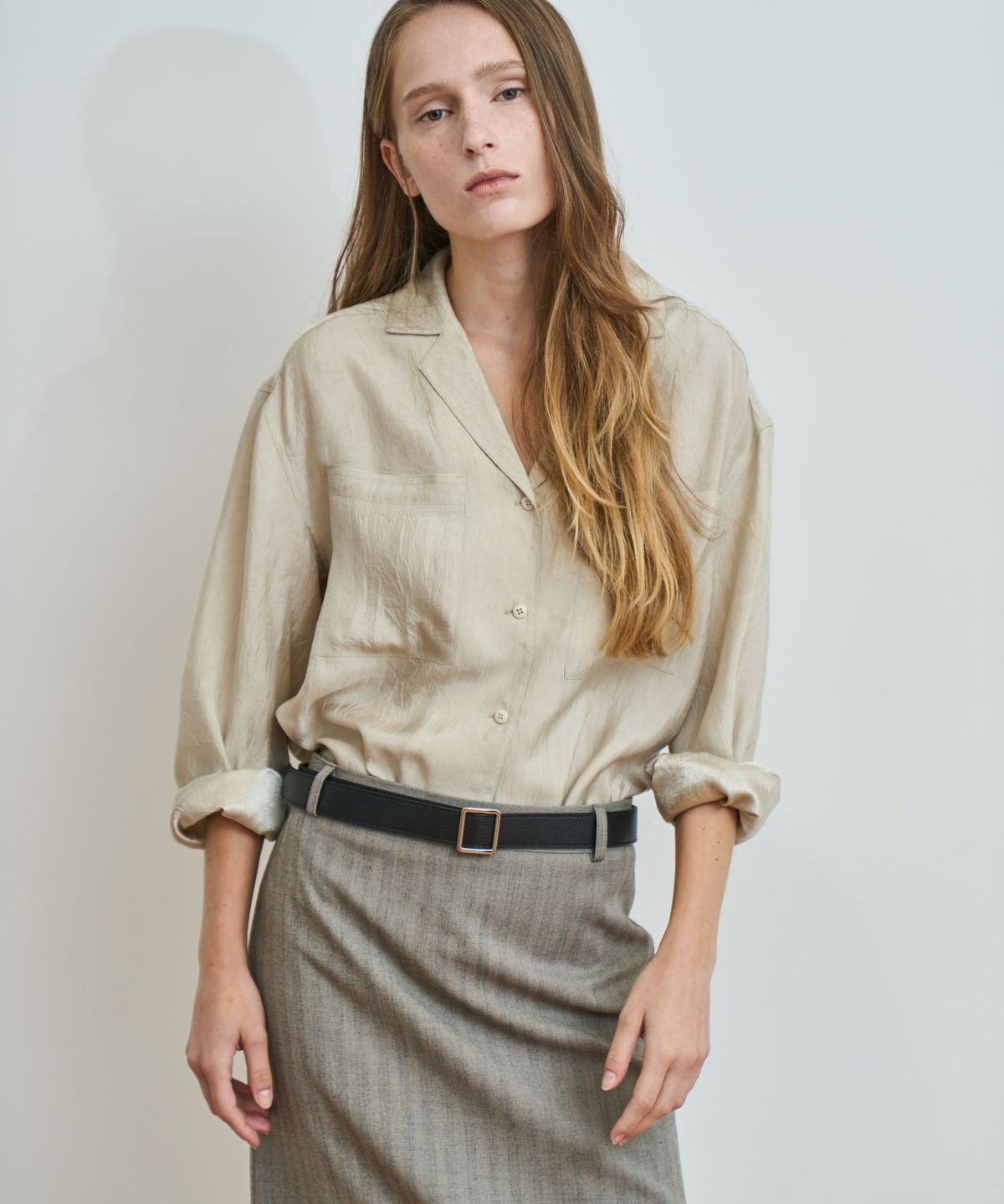 그리다제이(GRIDAJ) Fluid Soft Crinkle Open Collar Shirt _ muted khaki