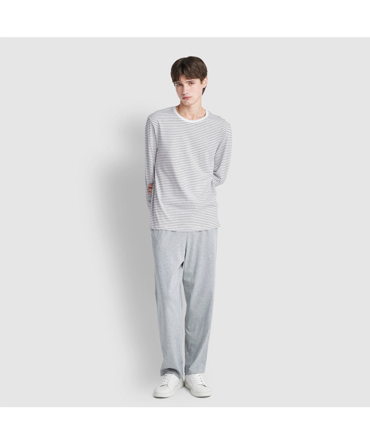 자주(JAJU) [SET] 남 스마트 코튼 라운드넥 긴팔 라운지 티셔츠, 10부 라운지 팬츠_오프 화이트&멜란지 그레이