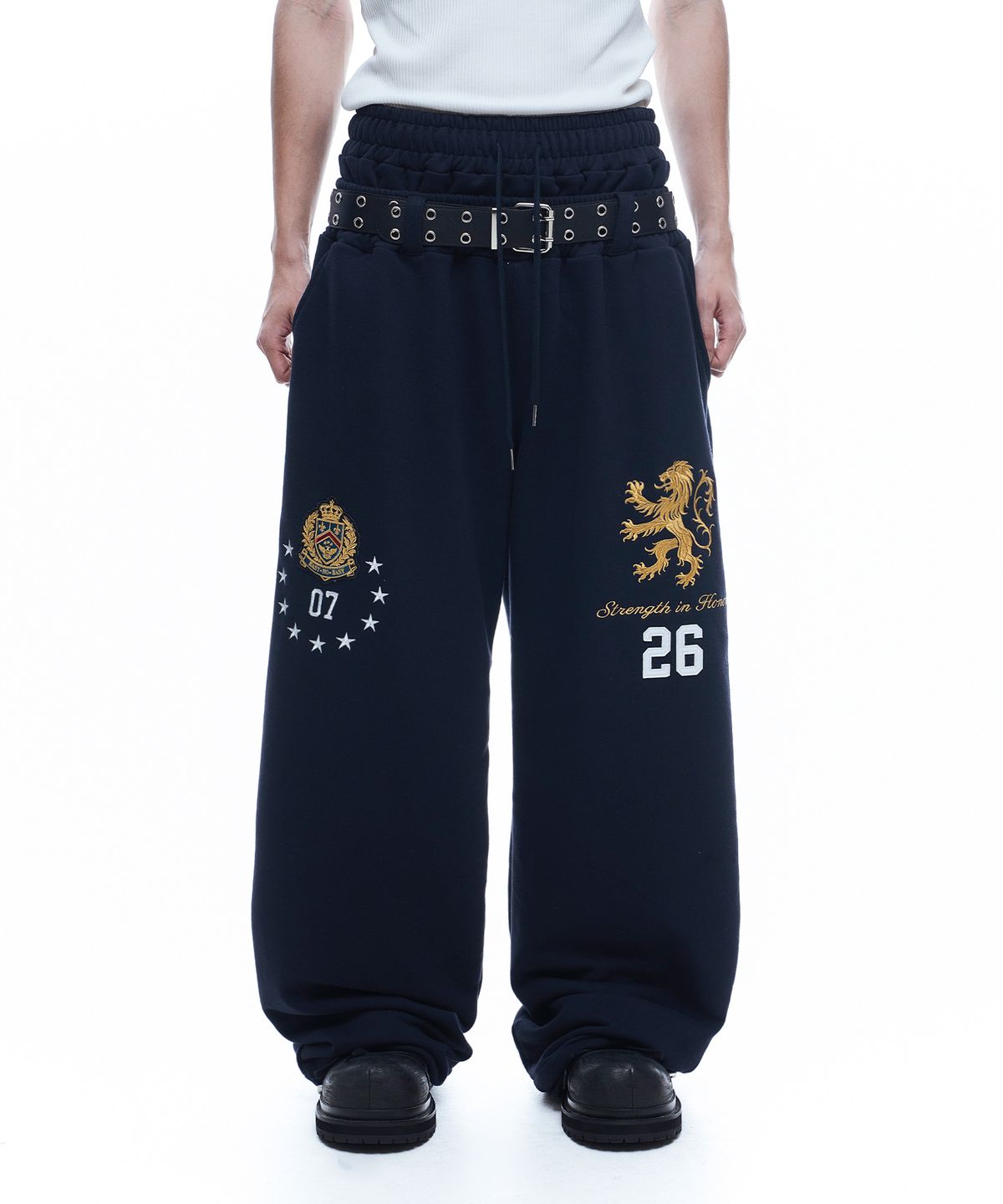 Heraldic Emblem Double-Waist Sweatpants - Navy