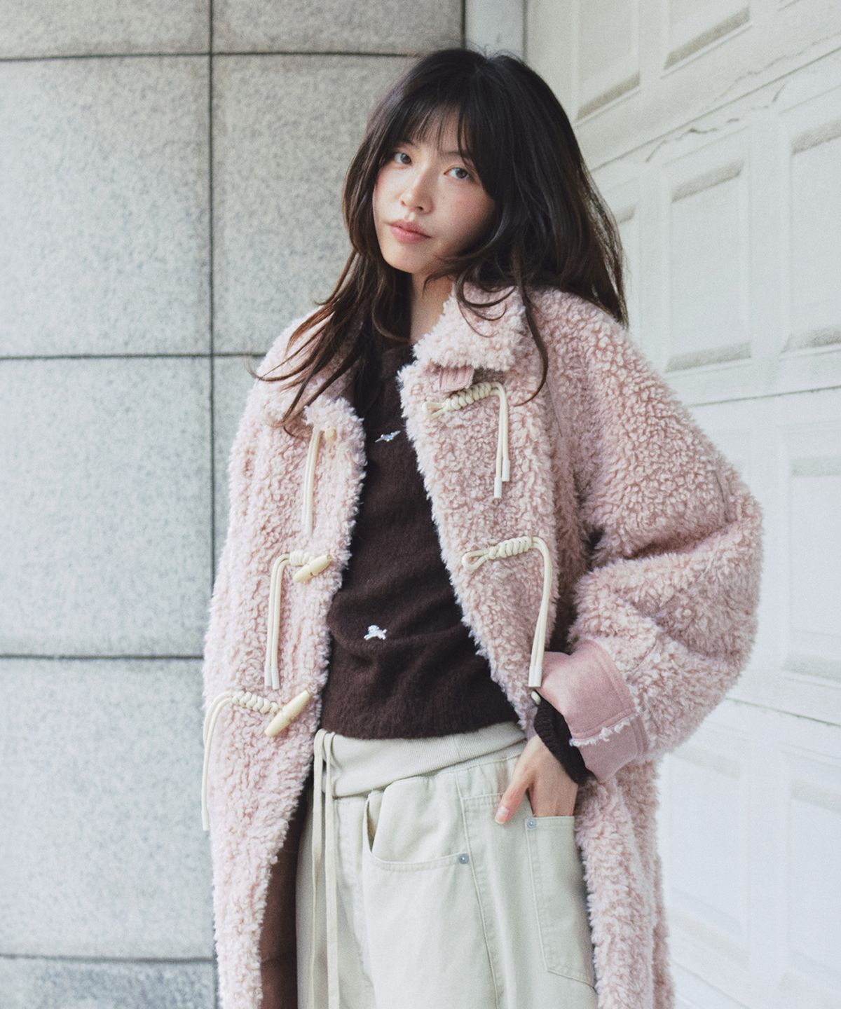 론론(RONRON) HIGH NECK TOGGLE HALF COAT PINK