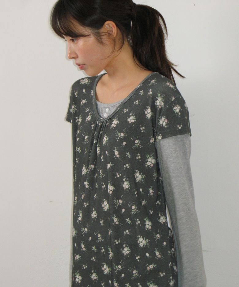 FLORAL LAYERED LONG SLEEVE CHARCOAL