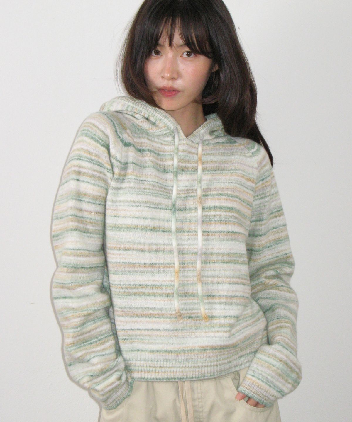 론론(RONRON) SOFT STRIPE HOOD KNIT GREEN