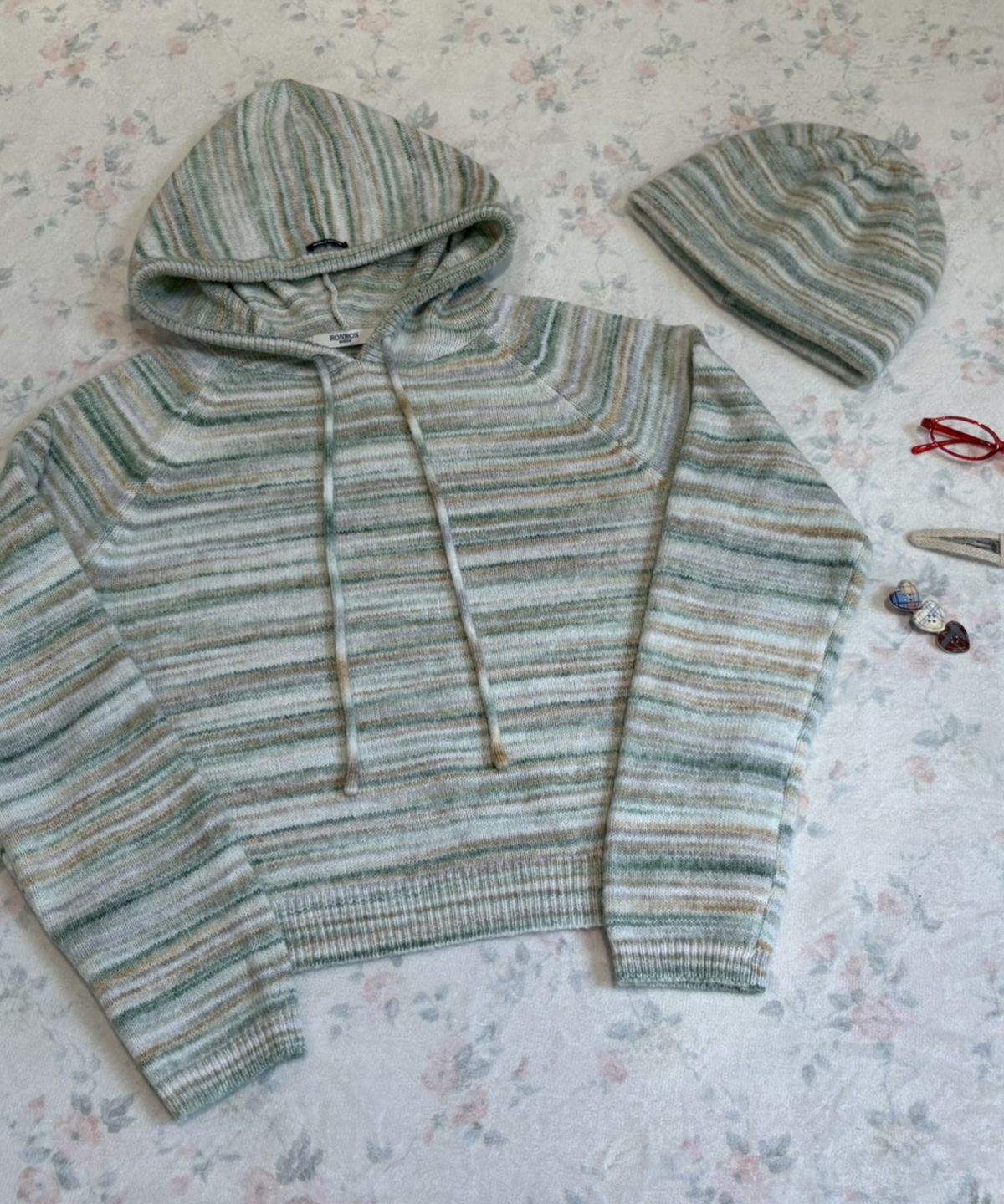 론론(RONRON) SOFT STRIPE HOOD KNIT GREEN
