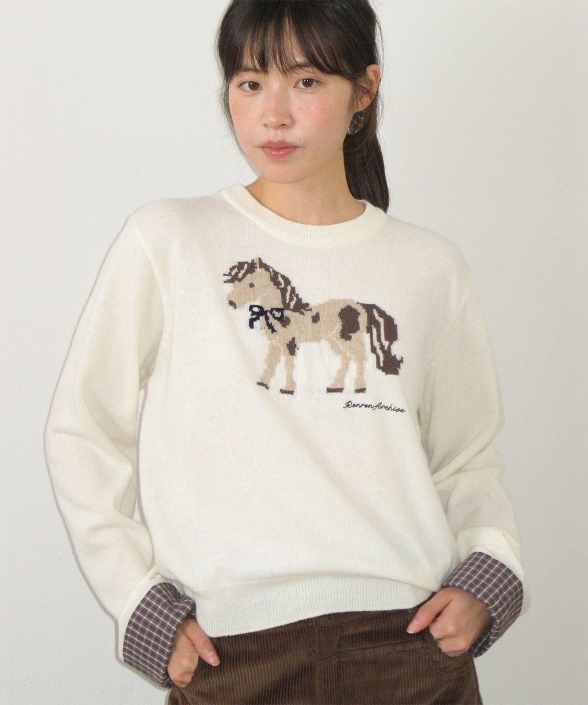 론론(RONRON) PONY CHECK CUFFS KNIT PULLOVER CREAM