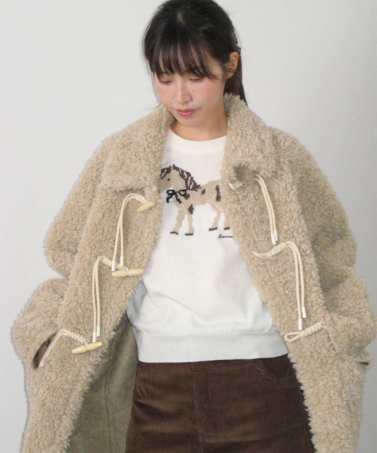 론론(RONRON) PONY CHECK CUFFS KNIT PULLOVER CREAM