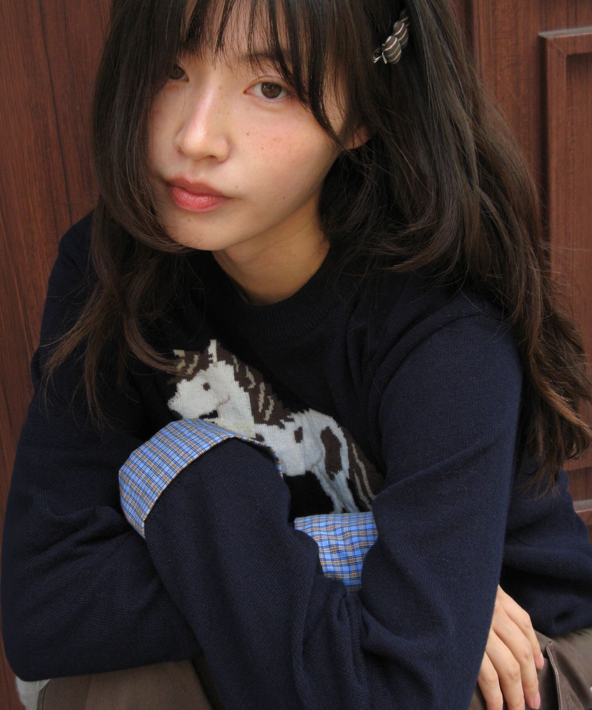론론(RONRON) PONY CHECK CUFFS KNIT PULLOVER NAVY