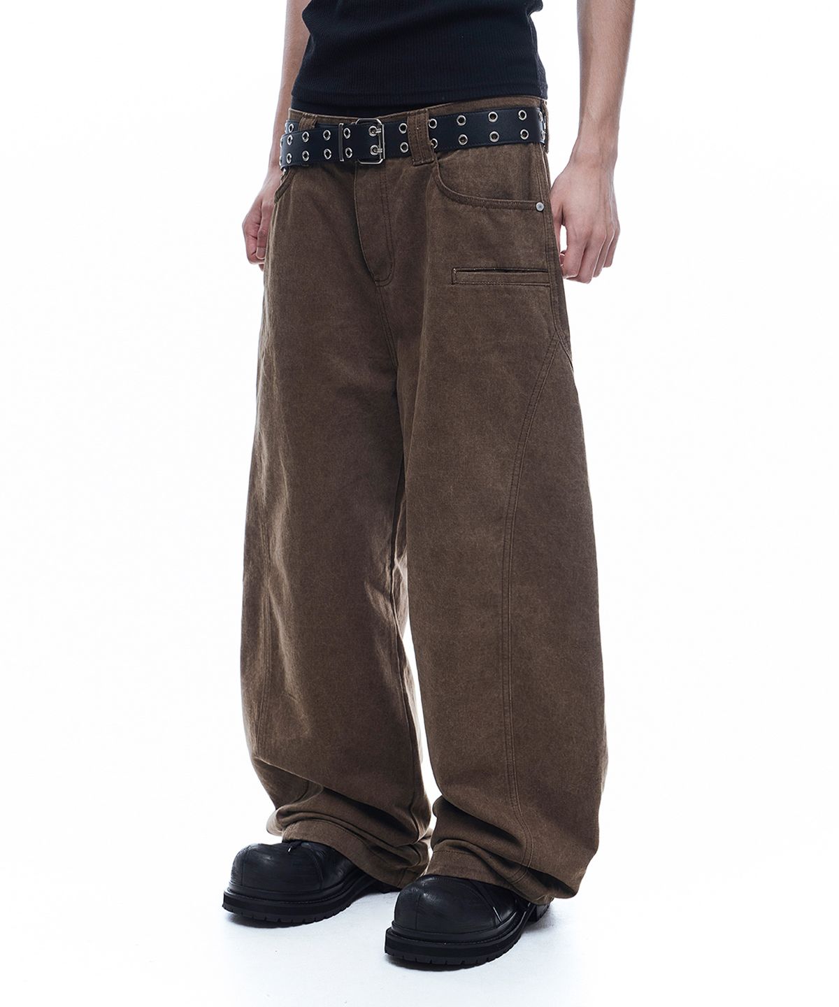 Washed Curved Cotton Pants - Brown