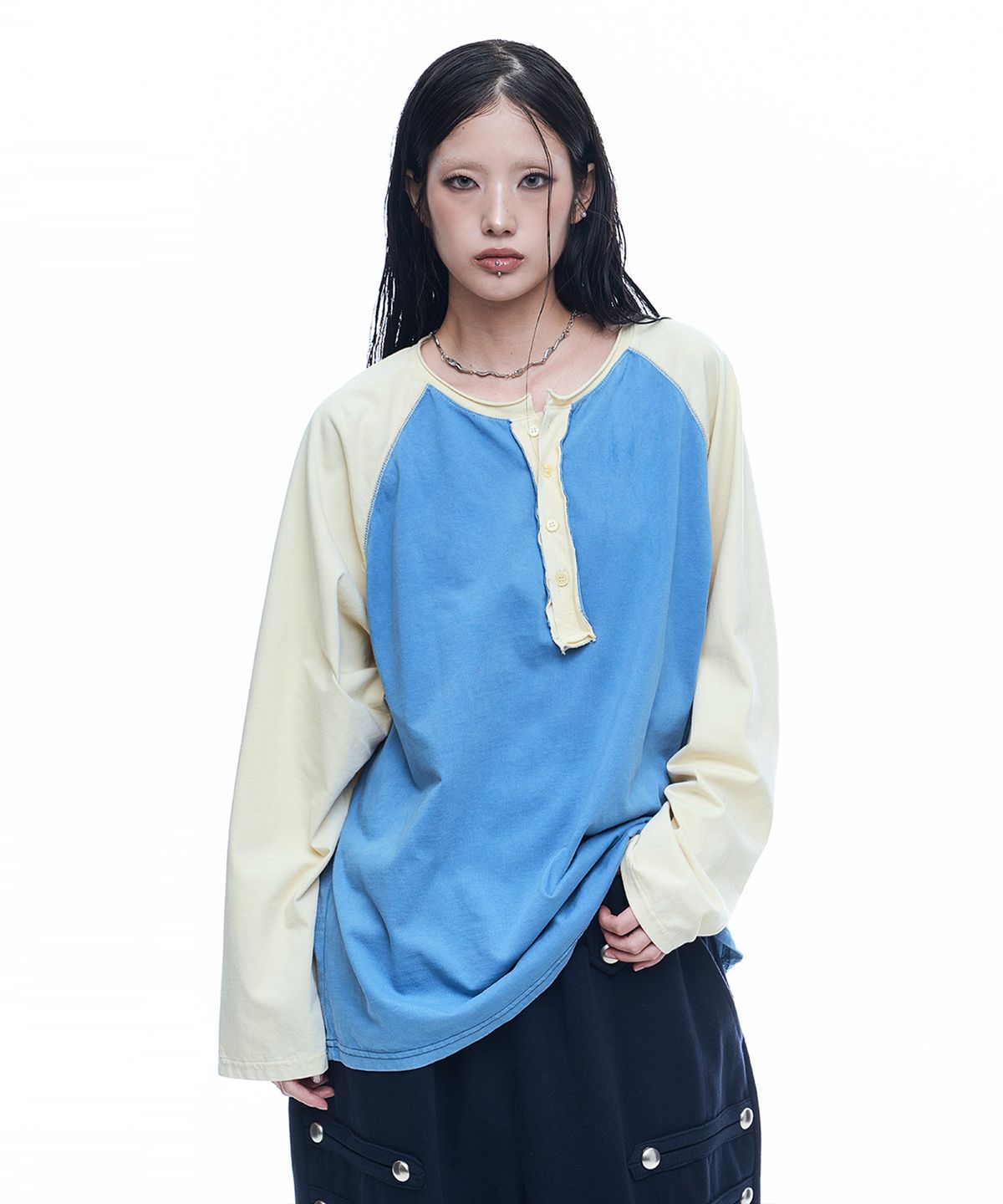 Deep Hen Neck Raglan Long Sleeve - Blue