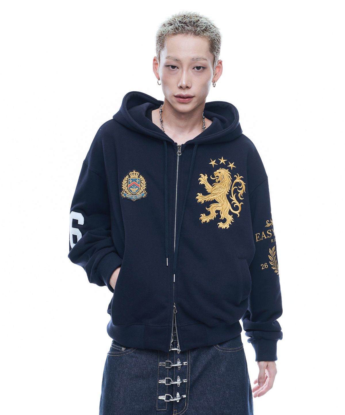 Heraldic Emblem Crop Hoodie Zip-up - Navy