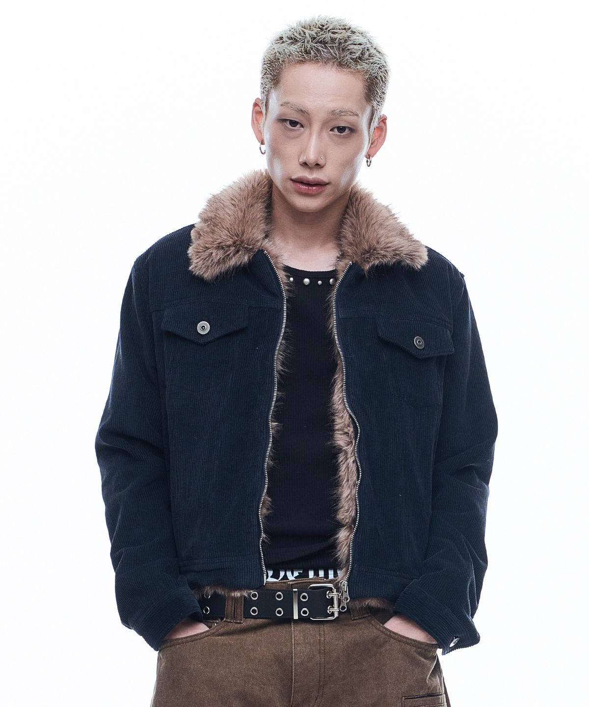 Fur Collar Corduroy Crop Jacket - Navy