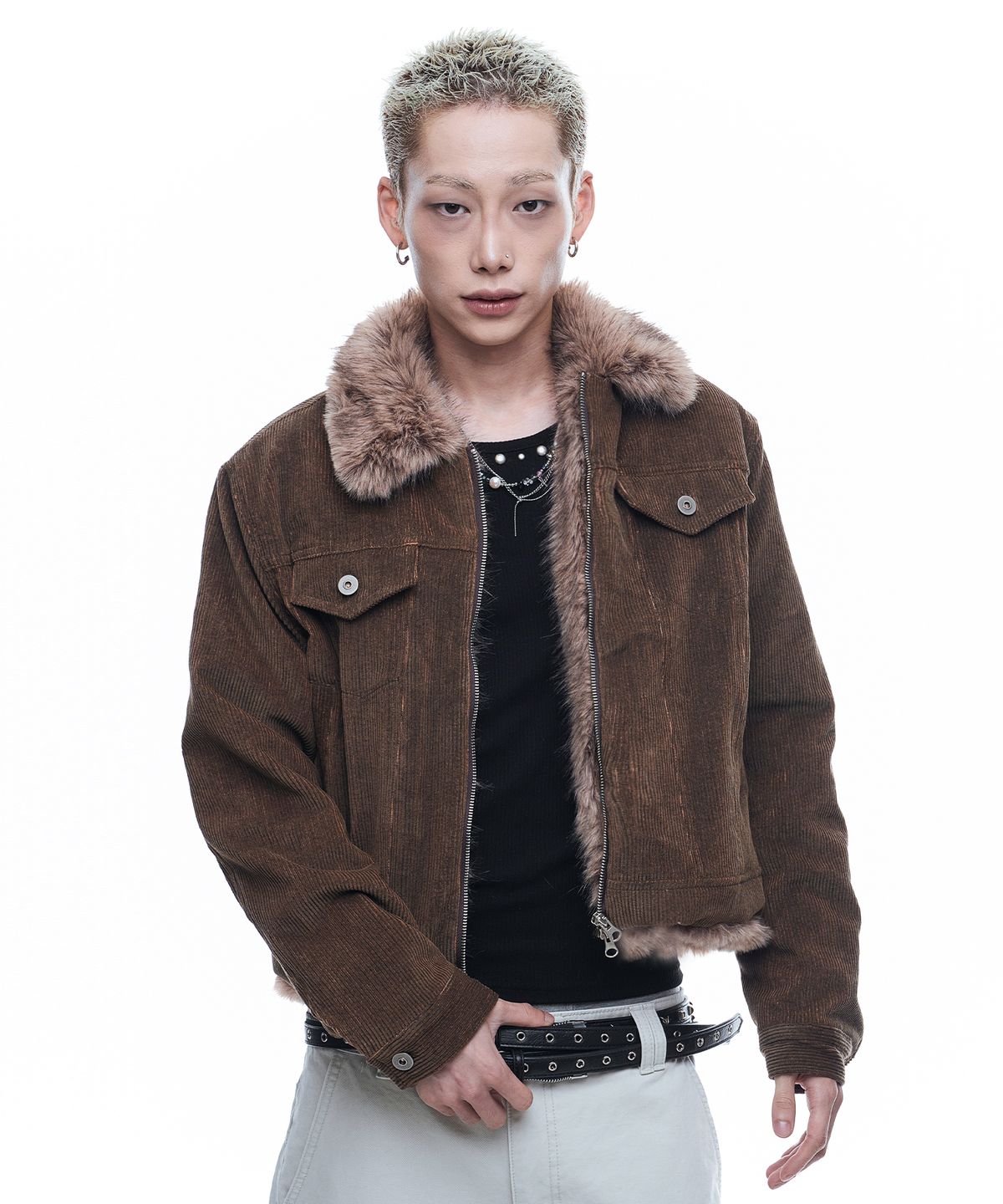 Fur Collar Corduroy Crop Jacket - Brown