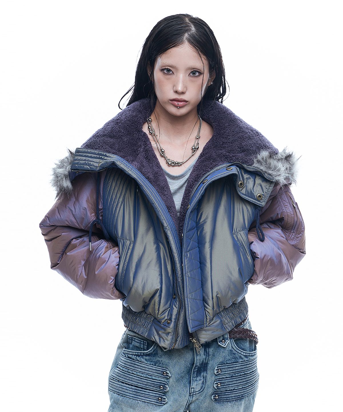 EASY NO EASY（イージーノーイージー）の「Trimmed Fur MA-1 Crop Jacket - Blue（Jackets/Outerwear）」