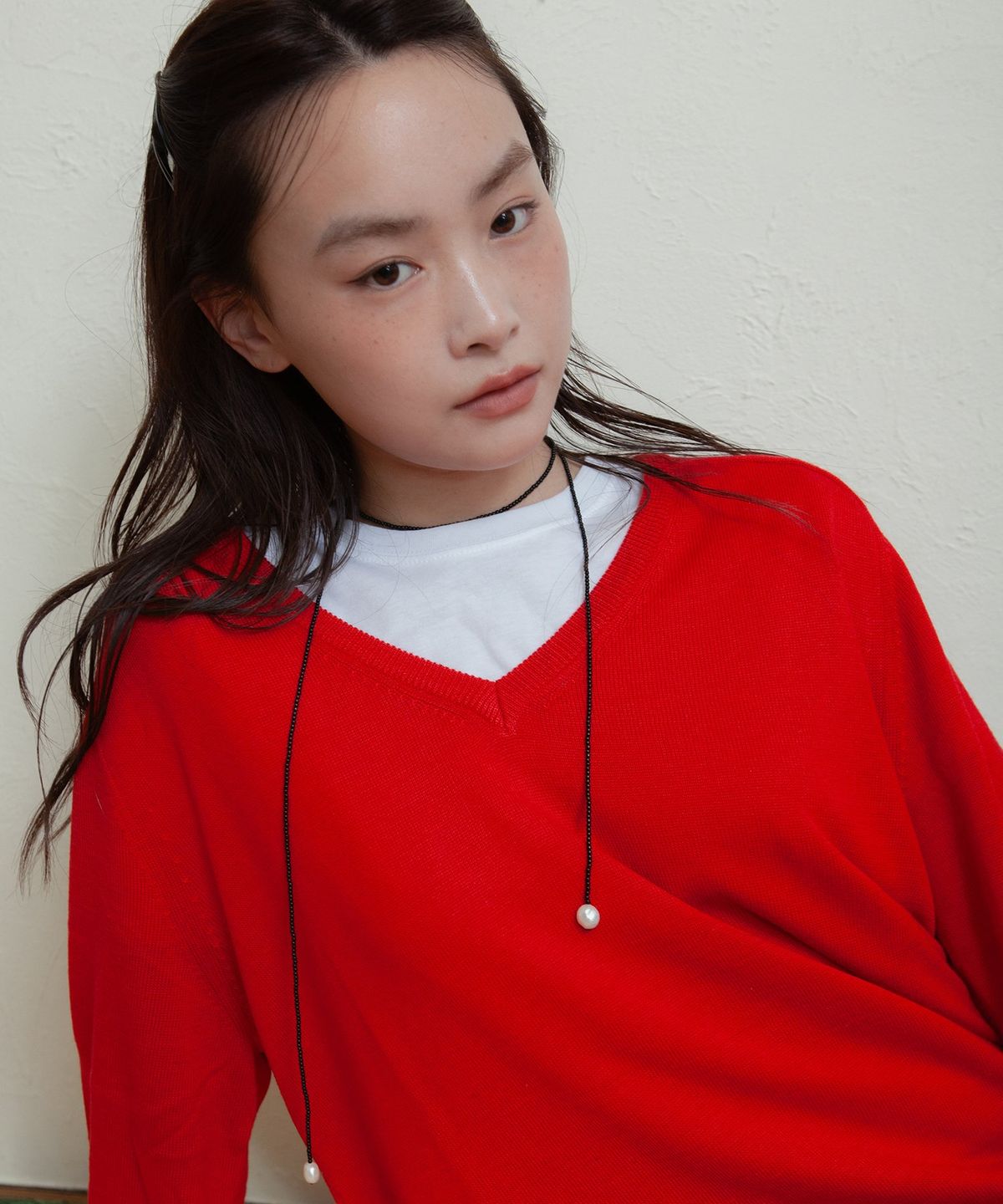 지지(GEEGEE) bead pearl tie necklace - black