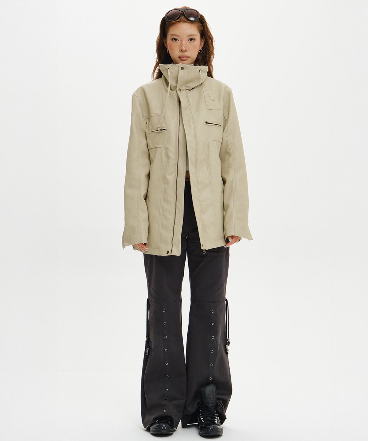소르비(SORBEE) HIGH NECK STITCH LEATHER JACKET(FUR VEST SET) / BEIGE