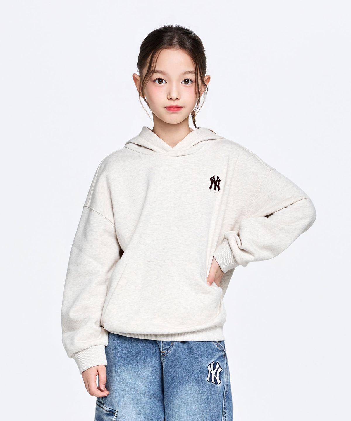 엠엘비 키즈(MLB KIDS) 스포티브 베이직 스몰로고 기모 후드티 NY (Oatmeal)