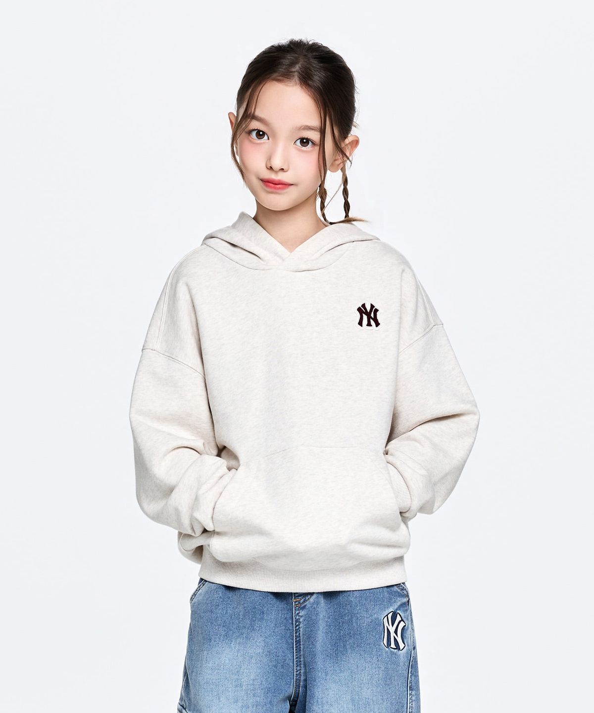 엠엘비 키즈(MLB KIDS) 스포티브 베이직 스몰로고 기모 후드티 NY (Oatmeal)