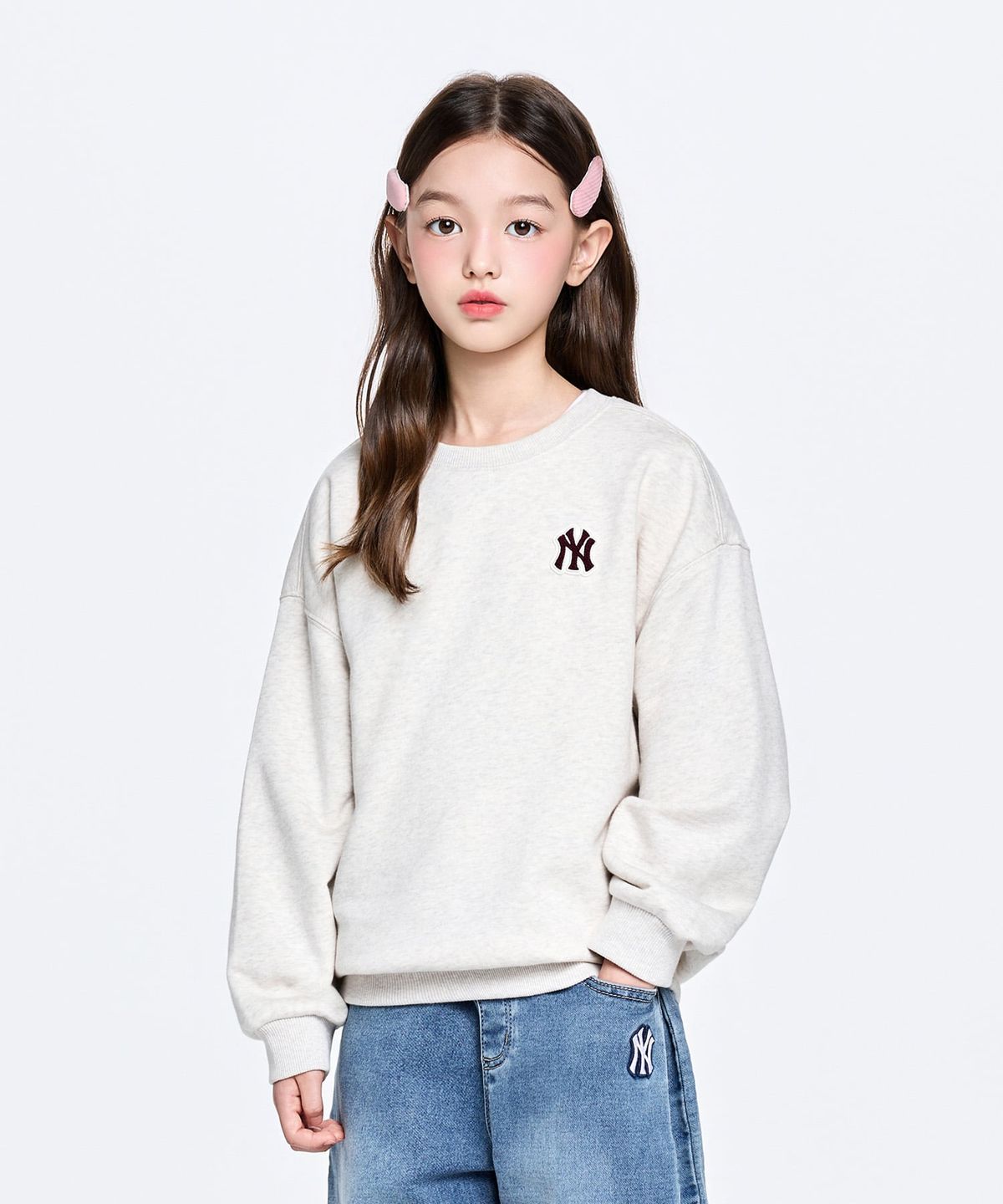 엠엘비 키즈(MLB KIDS) 스포티브 베이직 스몰로고 기모 맨투맨 NY (Oatmeal)