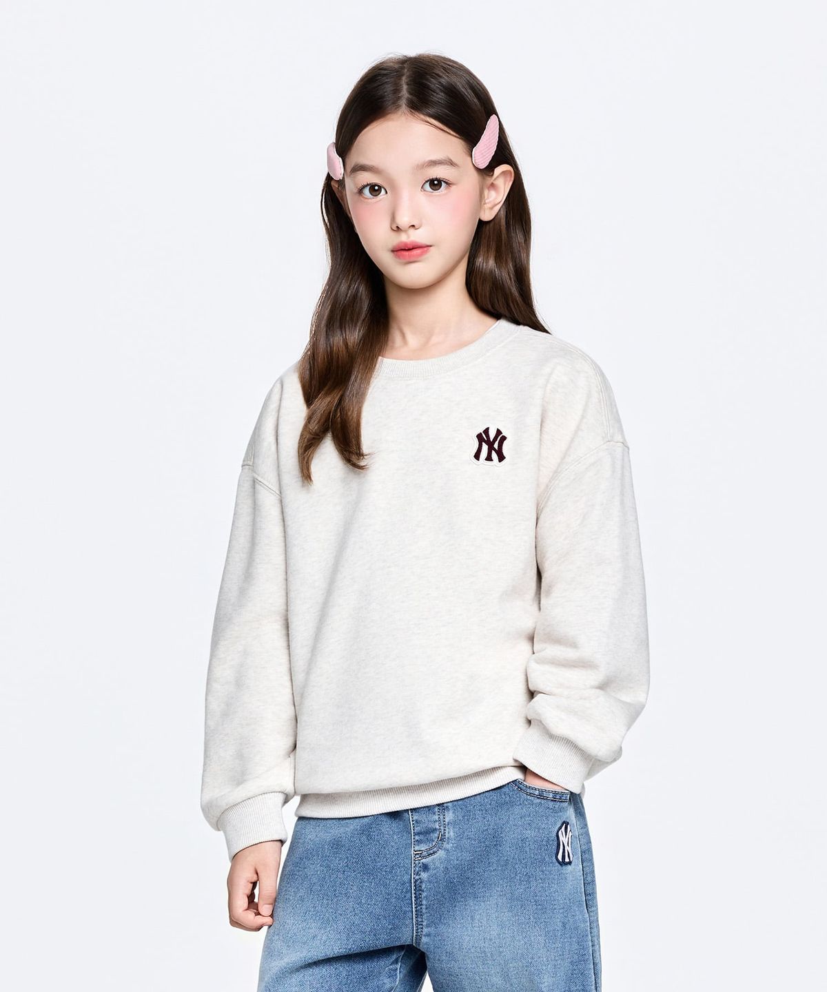 엠엘비 키즈(MLB KIDS) 스포티브 베이직 스몰로고 기모 맨투맨 NY (Oatmeal)