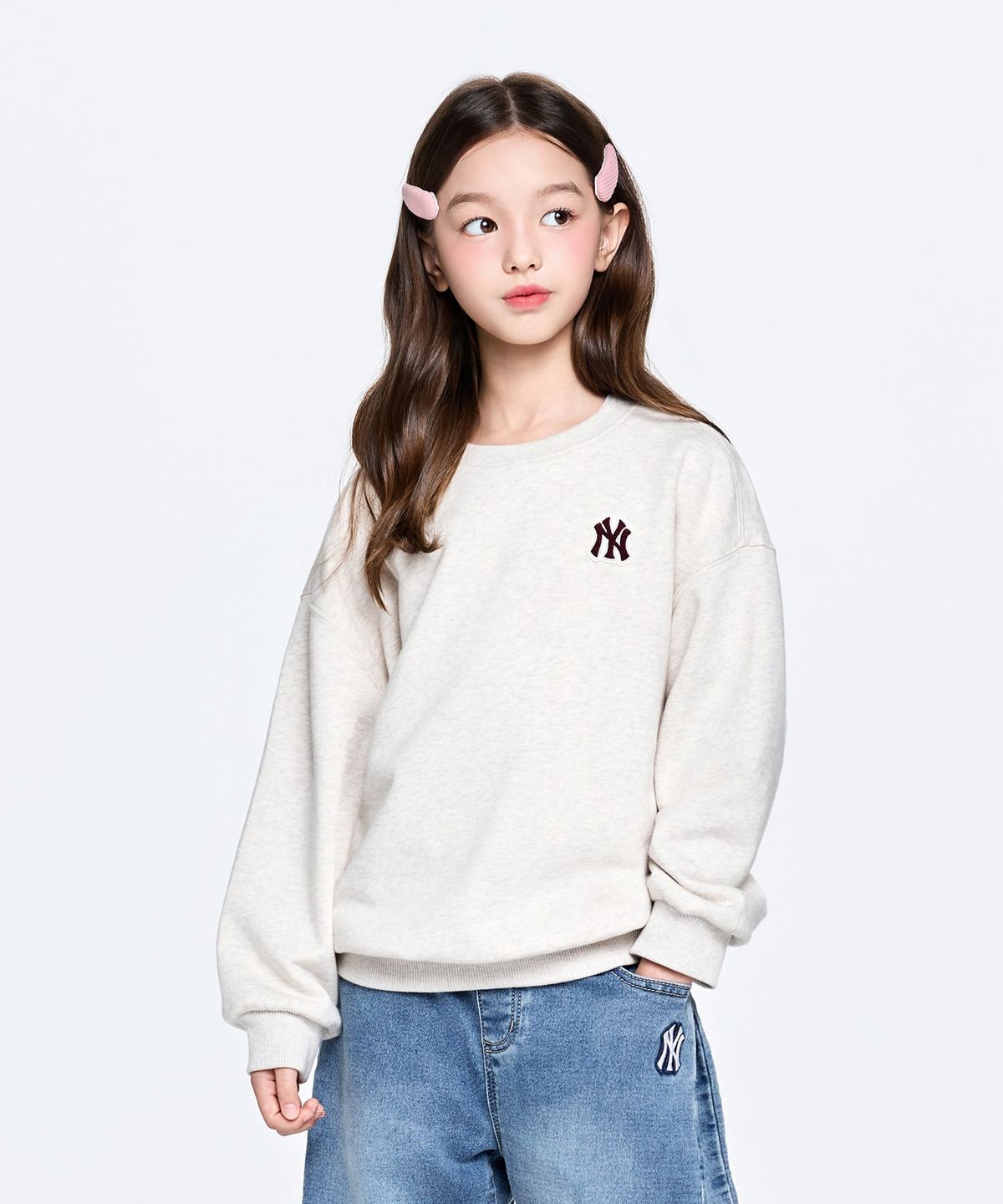 엠엘비 키즈(MLB KIDS) 스포티브 베이직 스몰로고 기모 맨투맨 NY (Oatmeal)
