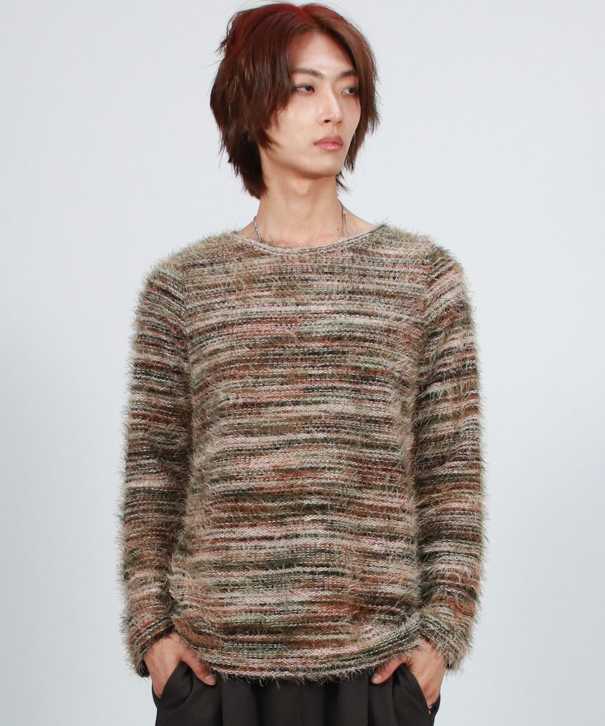드마크(DEMARC) M Rainbow stripe boxy long sleeve knit pullover -  Olive green