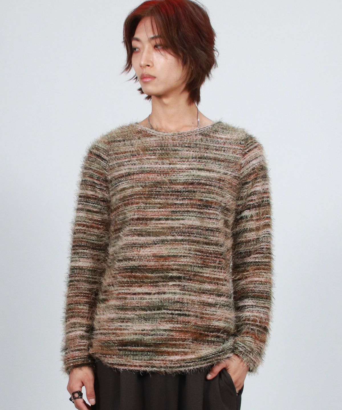 드마크(DEMARC) M Rainbow stripe boxy long sleeve knit pullover -  Olive green