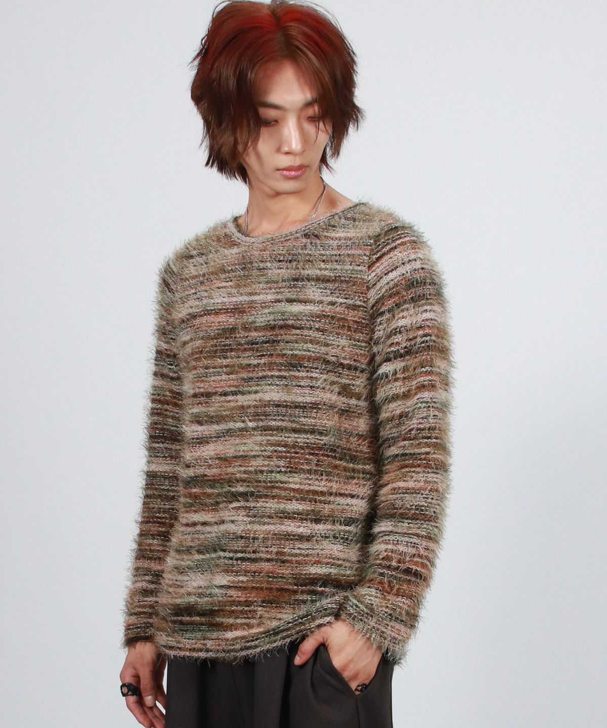 드마크(DEMARC) M Rainbow stripe boxy long sleeve knit pullover -  Olive green