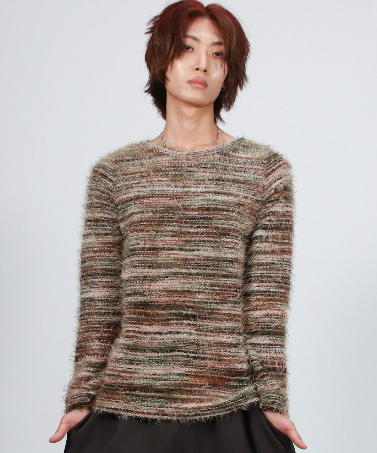 드마크(DEMARC) M Rainbow stripe boxy long sleeve knit pullover -  Olive green