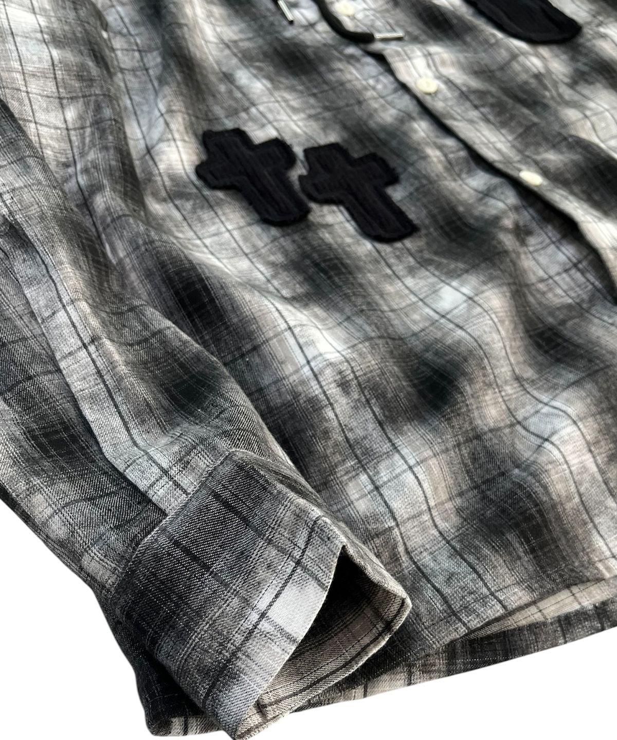 스케이터락(SK8ER ROCK) Cross Smudge Check Hooded Shirt (black mix)