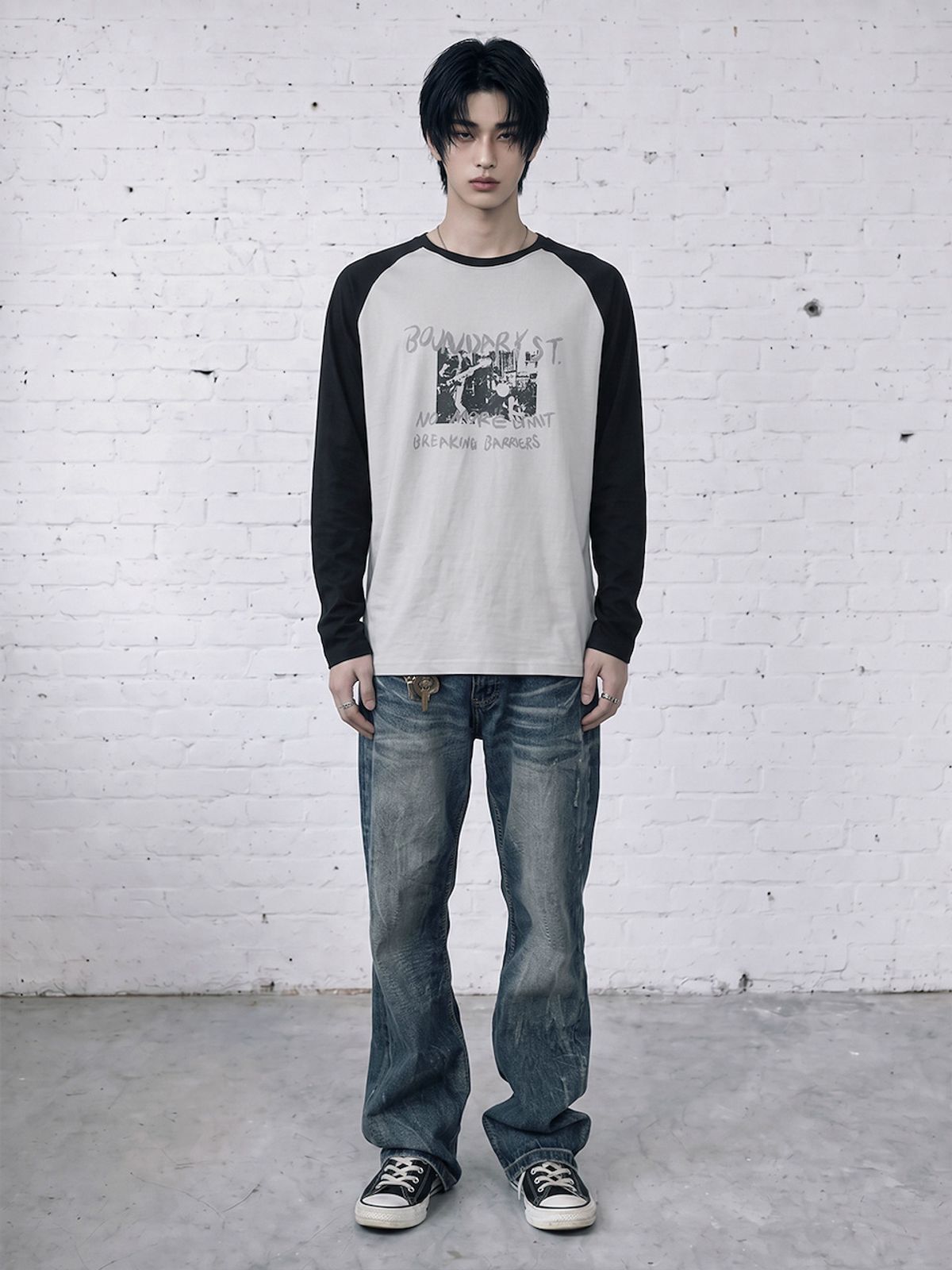 바운더리(BOUNDARY) CONTRAST RAGLAN SLEEVE TEE GRAY